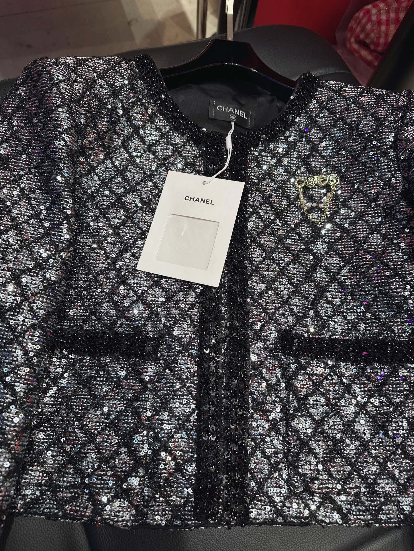 CC Plaid Jacket With Sparkling Beading and Black Stone Border