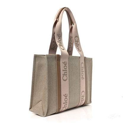 Linen Calfskin Medium Woody Ribbon Tote Blushy Beige