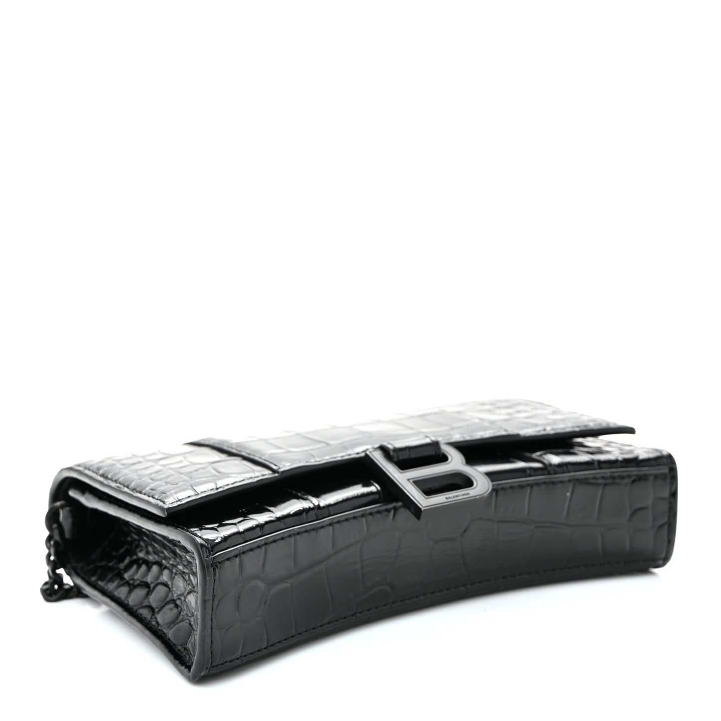 Shiny Calfskin Monochrome Crocodile Embossed Hourglass Chain Bag Black
