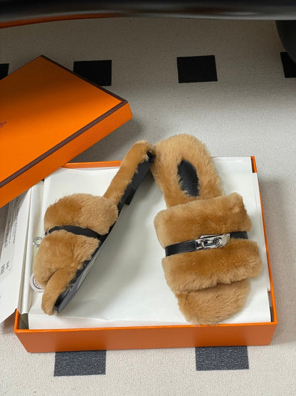 Hermes Giulia Kelly Buckle H-Slippers Brown in Wool 594325
