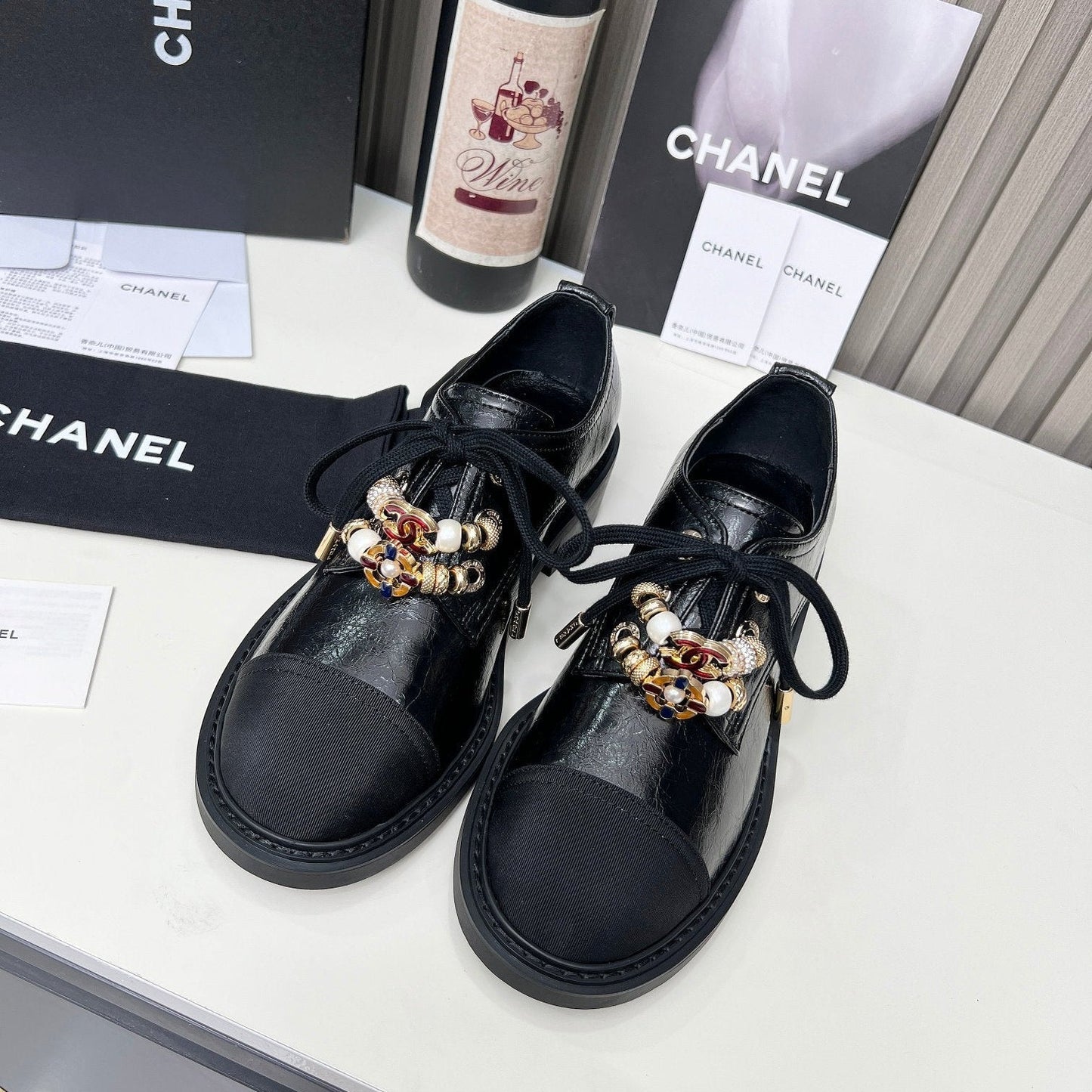 Chanel CC Combat Shoes With Pearl Black in Calfskin 597895