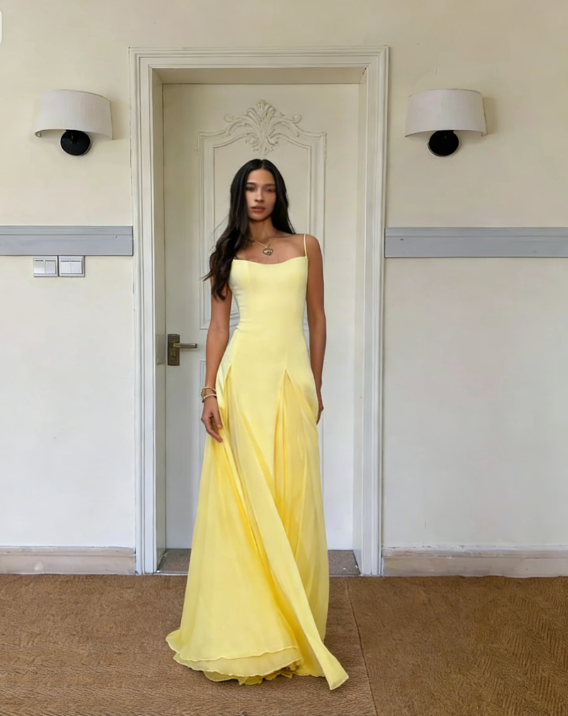 Yellow Simple A Line Spaghetti Straps Satin Chiffon Prom Dress Outfits SH5082