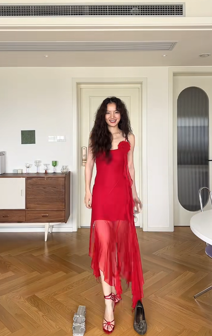 Flowy Red A Line Spaghetti Strap Chiffon Prom Dress Outfits with Slit SH4546