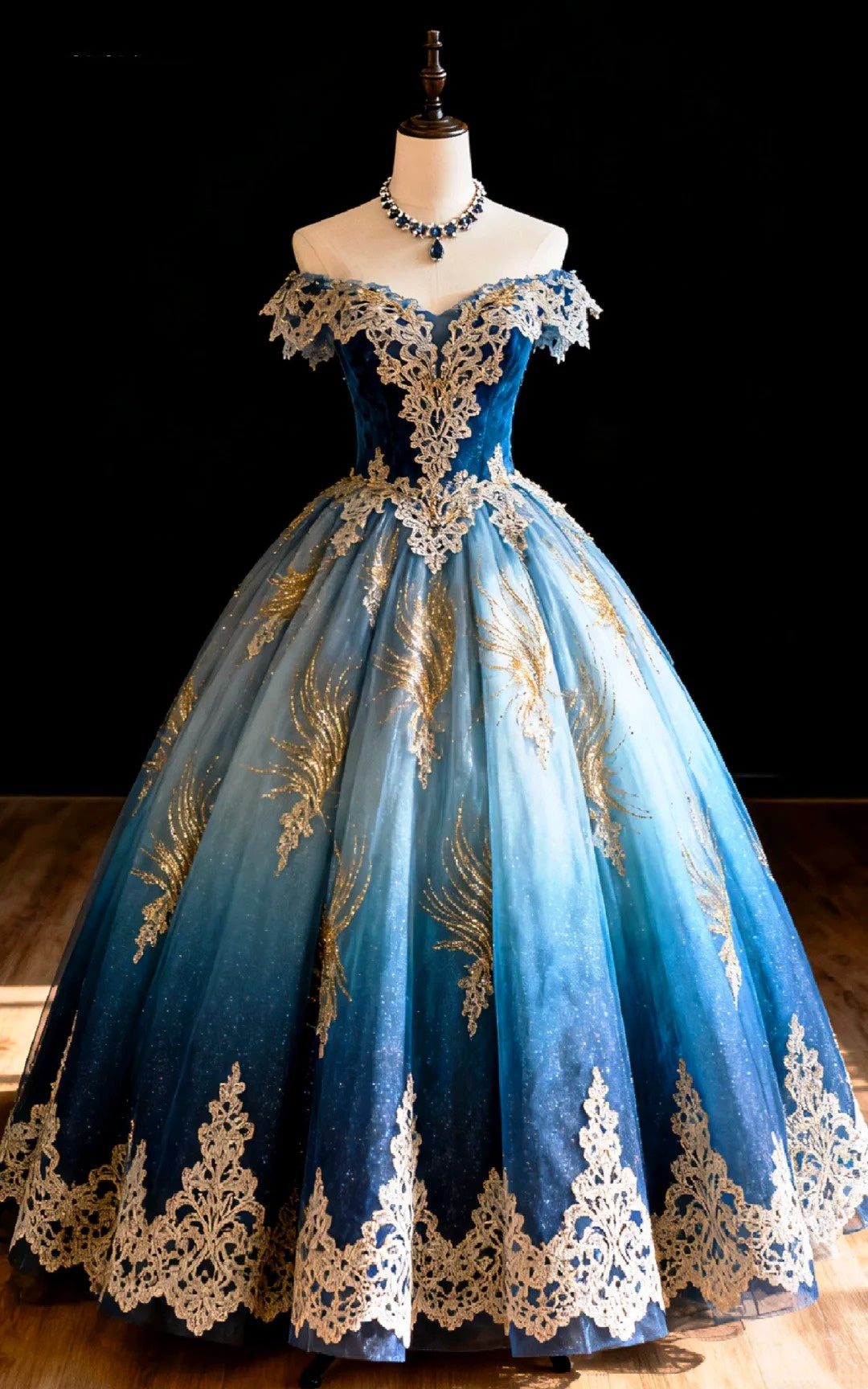 formaldressy-Blue Vintage Lace Long Tulle Ball Gown gh6239