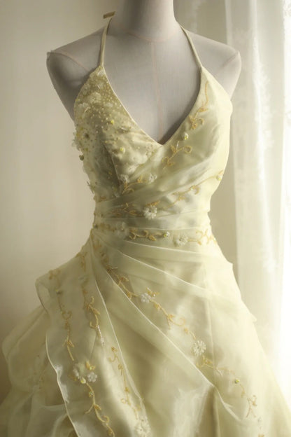 formaldressy-Yellow Retro Halter Neck Heavy Puff Princess Wedding Dress gh5425