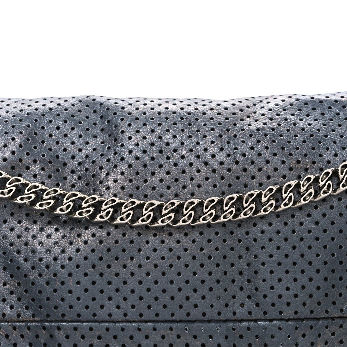 Metallic Crackled Calfskin Perforated Drill Flap Silver