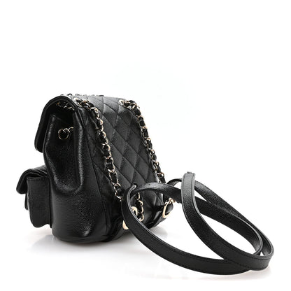 Shiny Caviar Quilted Small Duma Pockets Drawstring Backpack Black