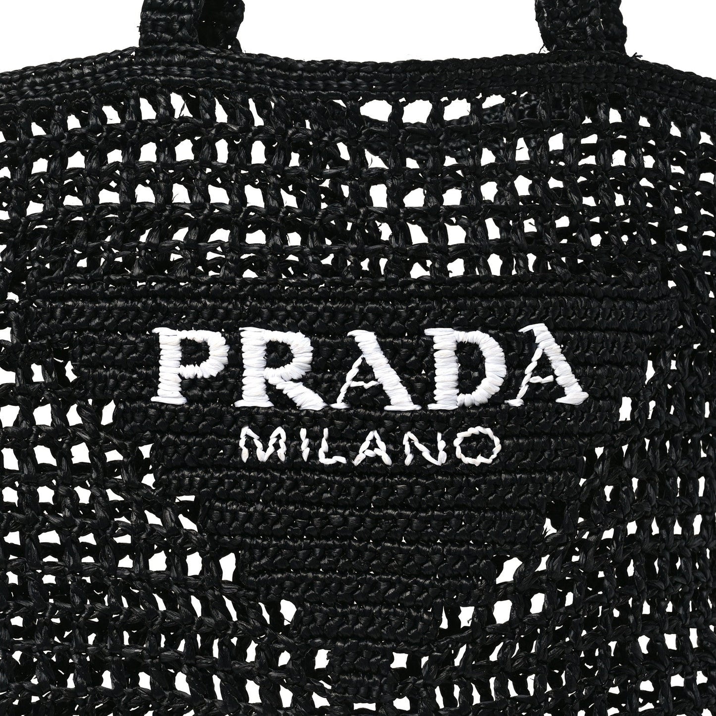 Yarn Raffia Effect Crochet Logo Embroidered Tote Bag Black