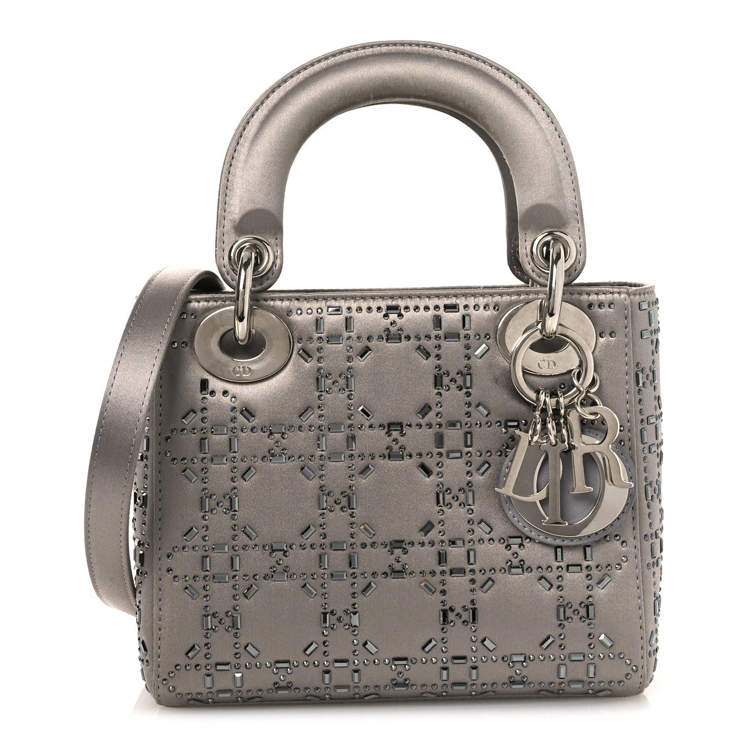 Satin Crystal Cannage Mini Lady Dior Gray