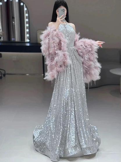 A Line High Neckline Silver Sequin Long Evening Dress Prom Dresses Birthday Outfits  cg26198
