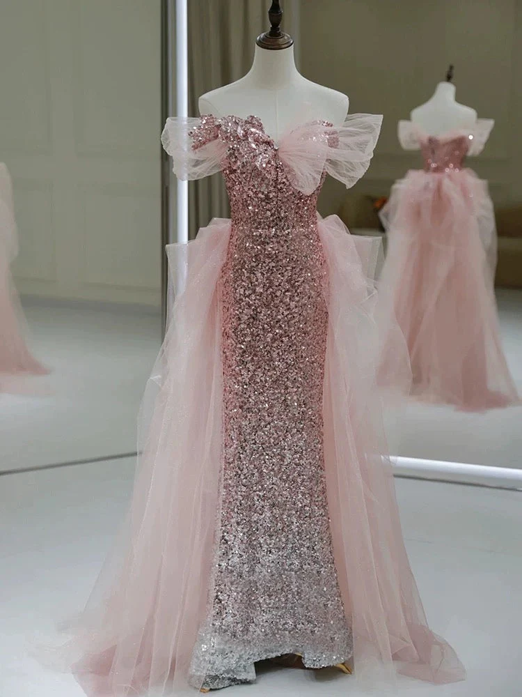Sheath Off The Shoulder Pink Sequin Long Evening Dress Prom Dresses Birthday Outfits   cg26199