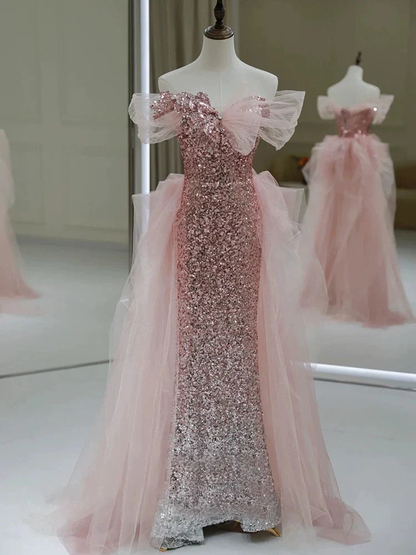 Sheath Off The Shoulder Pink Sequin Long Evening Dress Prom Dresses Birthday Outfits   cg26199