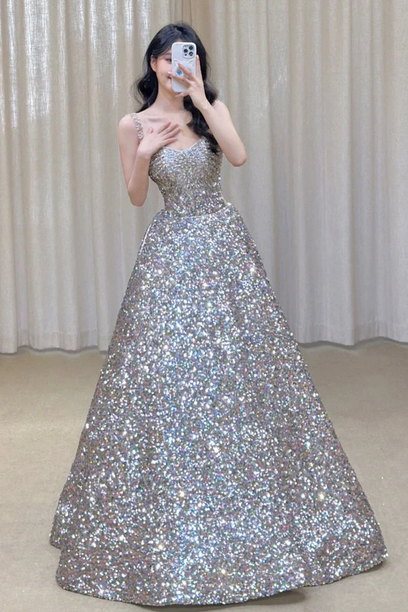 Ball Gown Straps Sequin Silver Long Evening Dress Prom Dresses Birthday Outfits  cg26193
