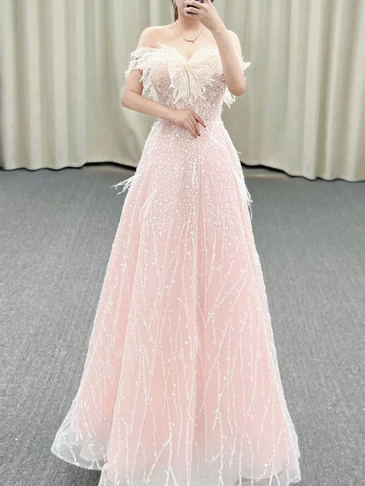 A Line Off The Shoulder Sequin Pink Long Evening Dress Prom Dresses Birthday Outfits   cg26195