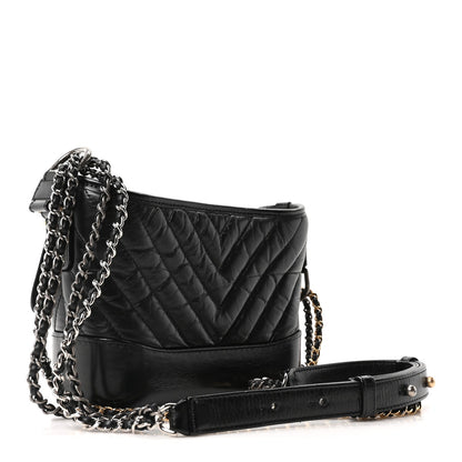 Aged Calfskin Chevron Quilted Small Gabrielle Hobo Black