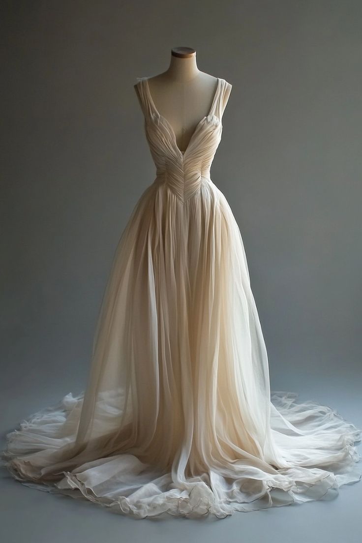 formaldressy-Wedding Dress Nude Chiffon Sleeveless Floor-Length Train Vintage Gown Gh6334