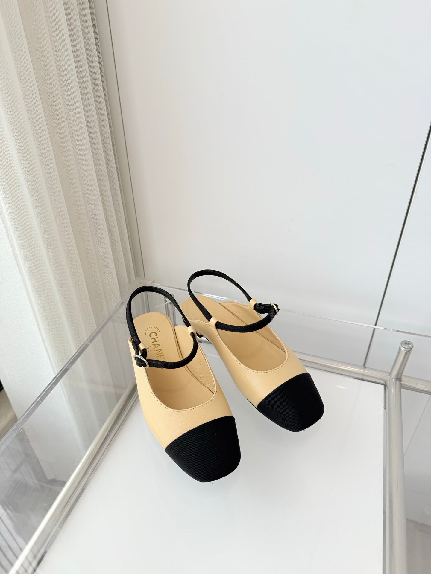 Chanel 26 Slingback Flats Beige Black in Lambskin 597389