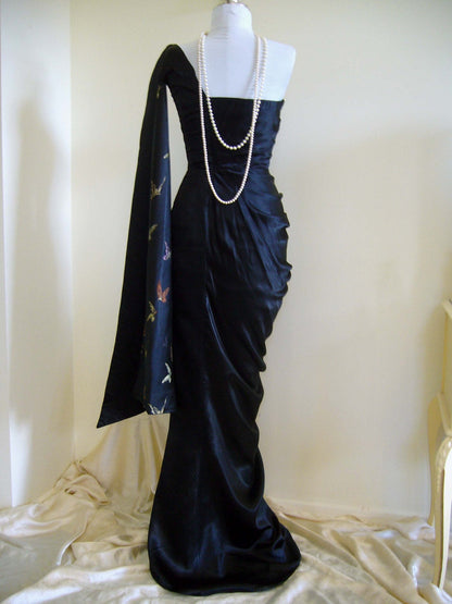 formaldressy-Navy Blue Butterfly Long Satin Fashion One Shoulder Floor Length  Prom Dress Evening Dress Graduation Dress gh5197
