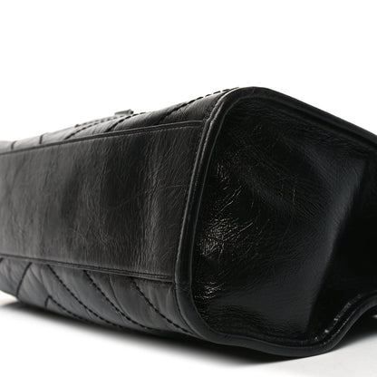 Crinkled Calfskin Matelasse Monogram Medium Niki Shopper Tote Black