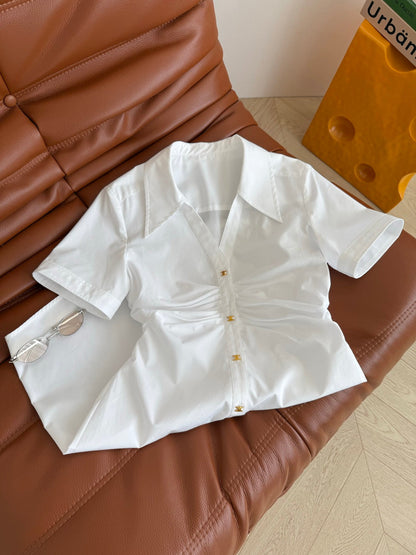 Celine 25 Arc de Triomphe Small Gold Button Pleated Dress White Cotton