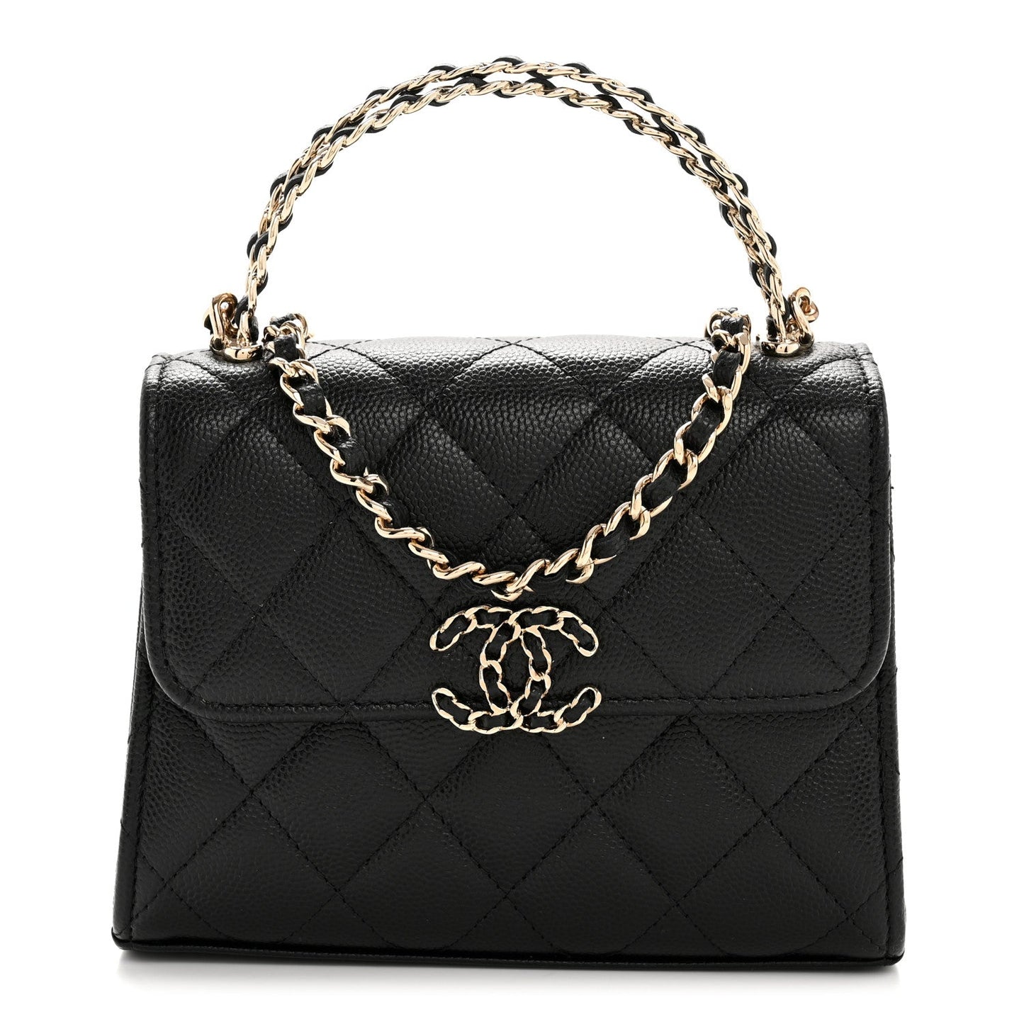 Caviar Quilted Double Chain Top Handle Flap With Chain Black