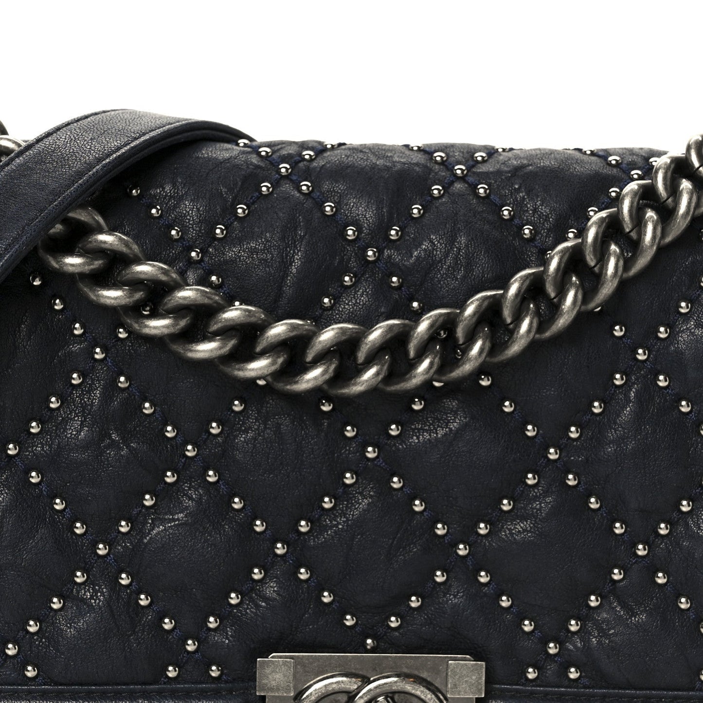 Crumpled Lambskin Medium Studded Boy Flap Navy