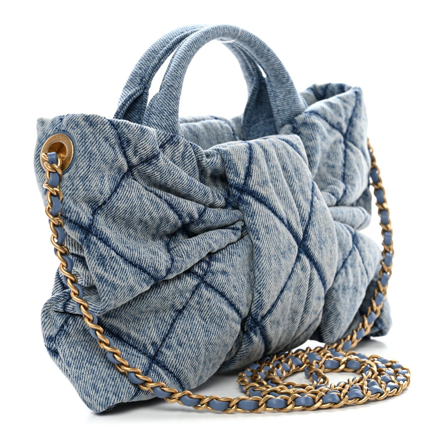 Washed Denim Quilted Mini Bow Bag Blue