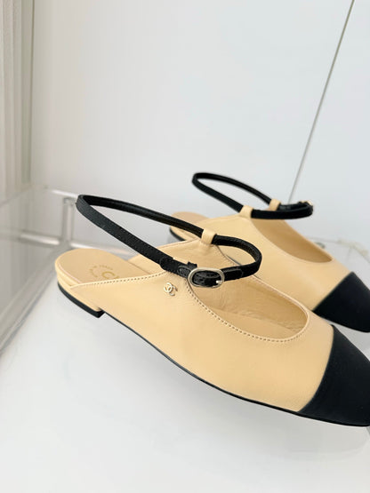 Chanel 26 Slingback Flats Beige Black in Lambskin 597389