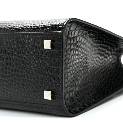 Shiny Calfskin Crocodile Embossed Small Manhattan Shopper Tote Black