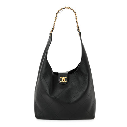 Shiny Lambskin Quilted Medium Hobo Black