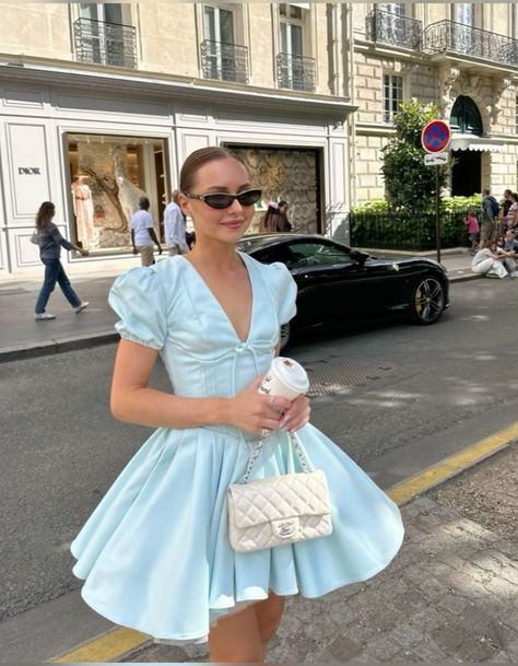 formaldressy-Light blue fashionable V-neck A-line puff sleeve short satin homecoming dress birthday dress gh5289
