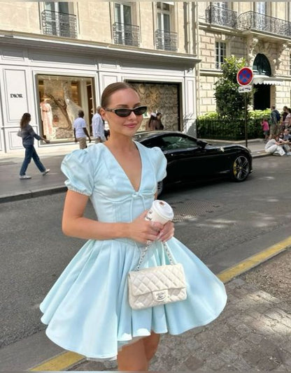 formaldressy-Light blue fashionable V-neck A-line puff sleeve short satin homecoming dress birthday dress gh5289