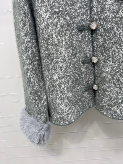 Chanel 2025 Fur-sleeved Crew Neck Cardigan Gray Polyester Wool 319595