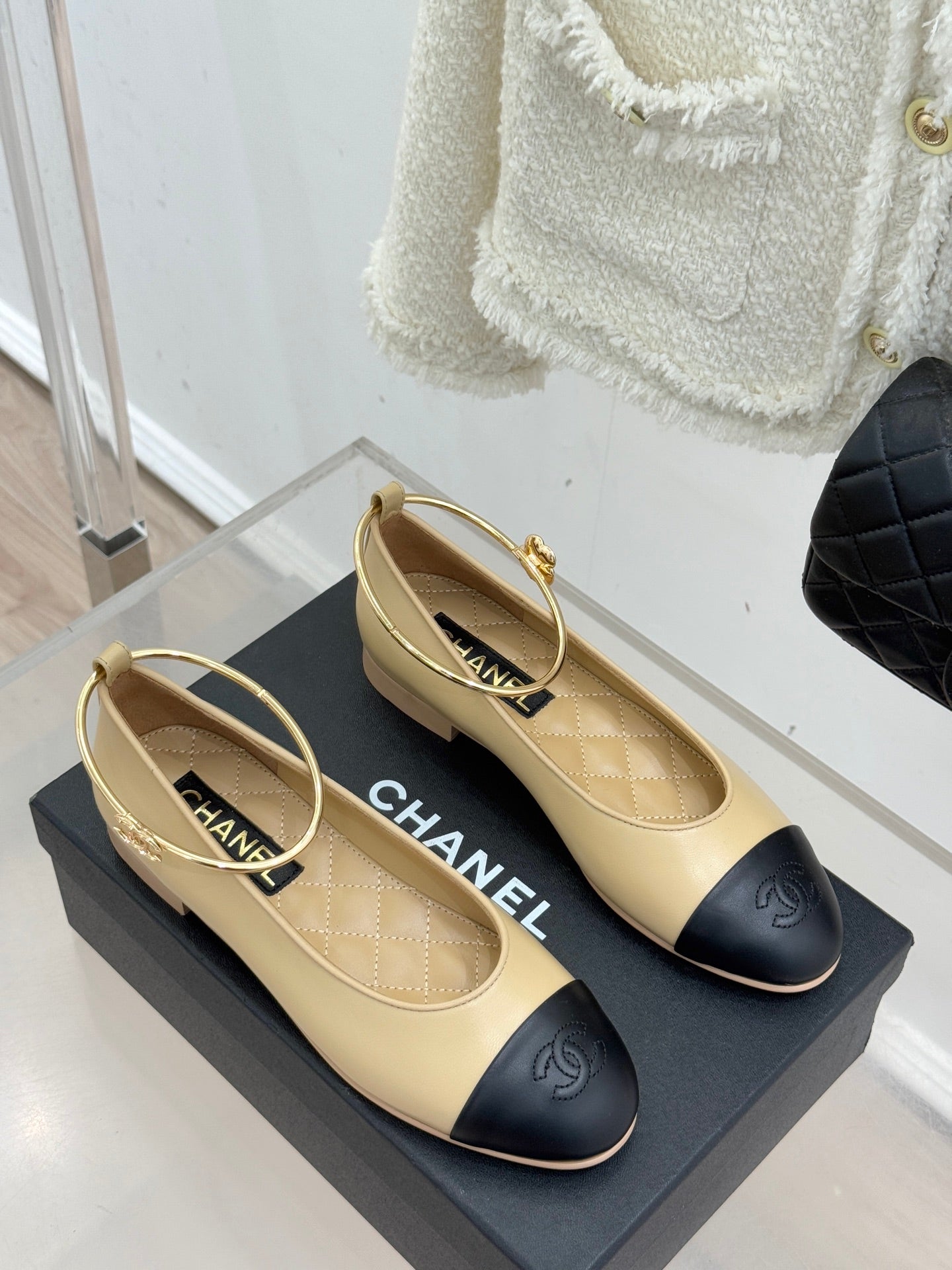 CC 26C Ribbon Double C Camellia Mary Jane Beige Black Lambskin