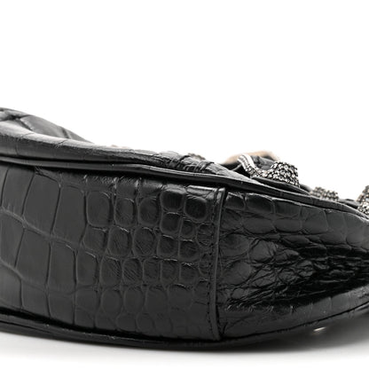 Extra Supple Calfskin Crystal Crocodile Embossed Le Cagole Shoulder Bag XS Black