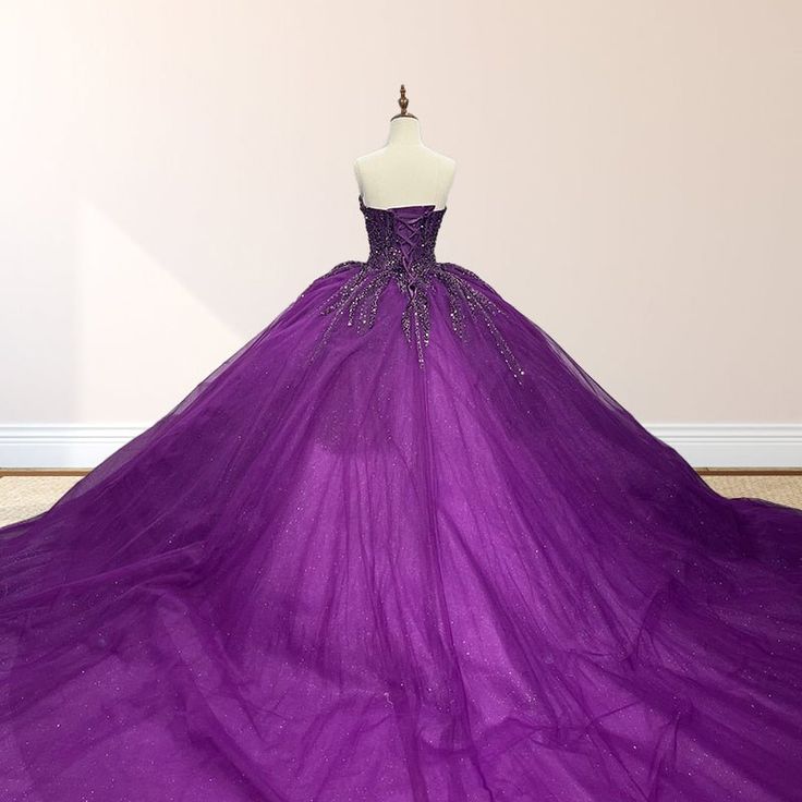 formaldressy-Purple shimmering, delicately beaded long tulle ball gown/wedding dress gh6186