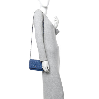 Iridescent Caviar Quilted Wallet on Chain WOC Dark Blue
