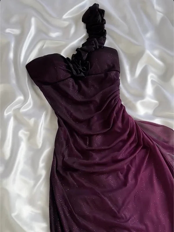 formaldressy-Gradient Purple Glitter One-Shoulder Ruched Ruffle Evening Gown gh6006