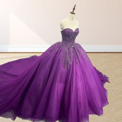 formaldressy-Purple shimmering, delicately beaded long tulle ball gown/wedding dress gh6186