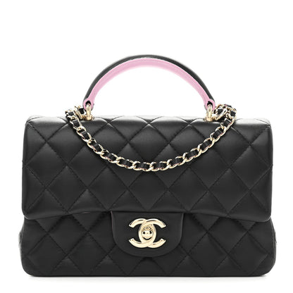 Lambskin Quilted Bi-Color Mini Top Handle Rectangular Flap Black Lilac