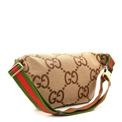 Monogram Jumbo GG Textured Dollar Calfskin Web Belt Bag Camel Ebony New Acero