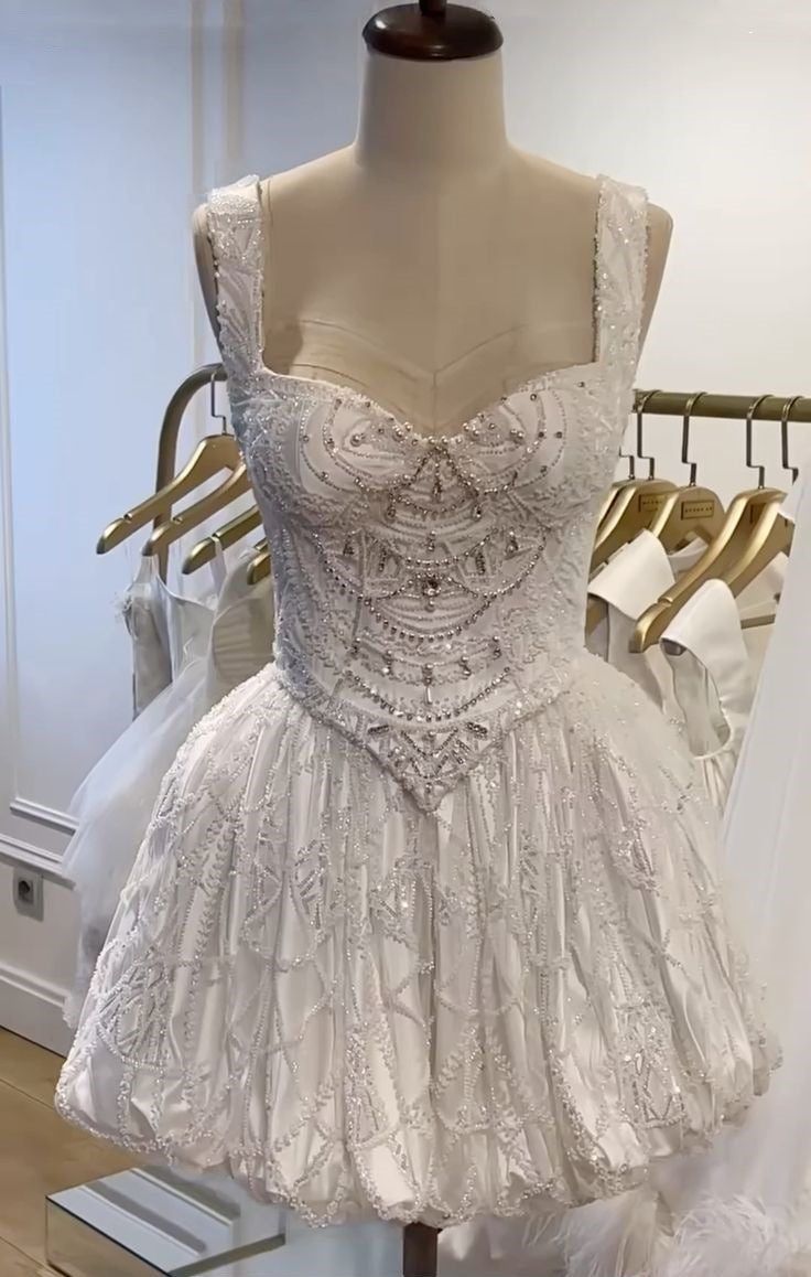 formaldressy-White gorgeous beaded short tulle homecoming dress birthday party dress gh5328