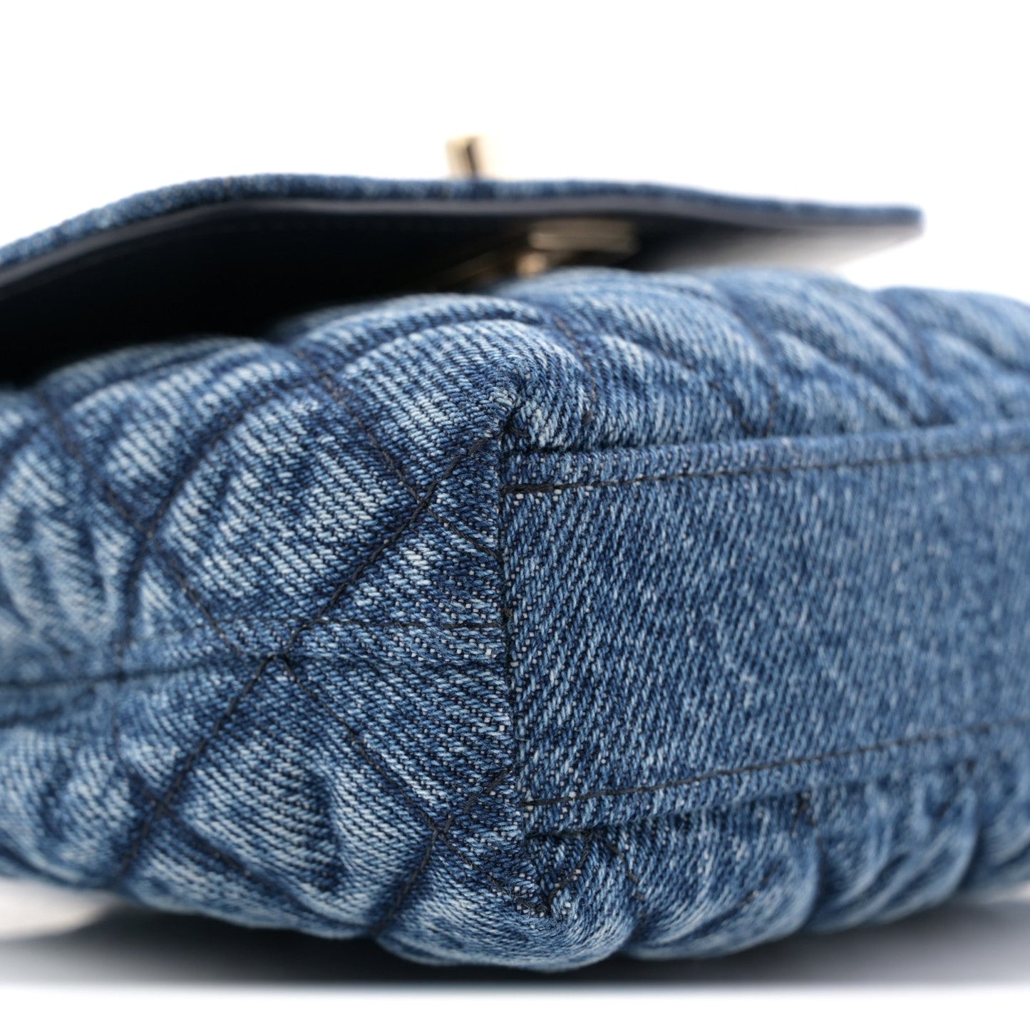 Washed Denim Quilted Coco Handle Clutch With Chain Blue