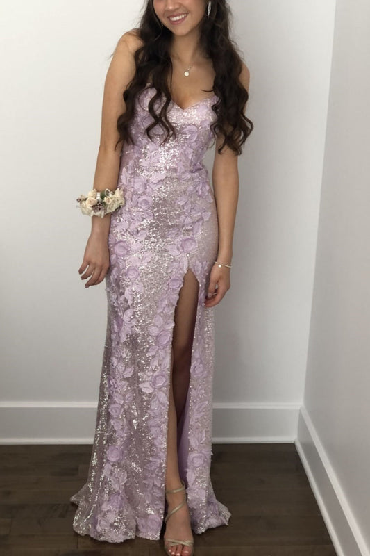 formaldressy-Charming Dress With Shiny Floral Slit Tube Top Long Sequins Prom Dress Graduation Dress gh5867