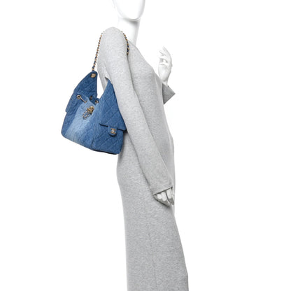 Washed Denim Quilted Small Chanel 25 Handbag Blue