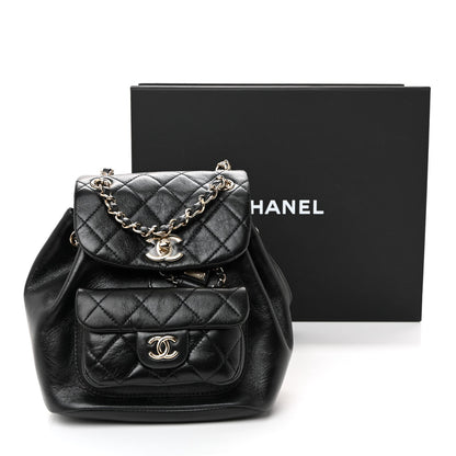 Glazed Aged Calfskin Quilted Small Duma Drawstring Backpack Black