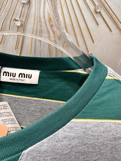 Miumiu 2026 Striped Long-sleeved T-shirt Green mix Gray Cotton