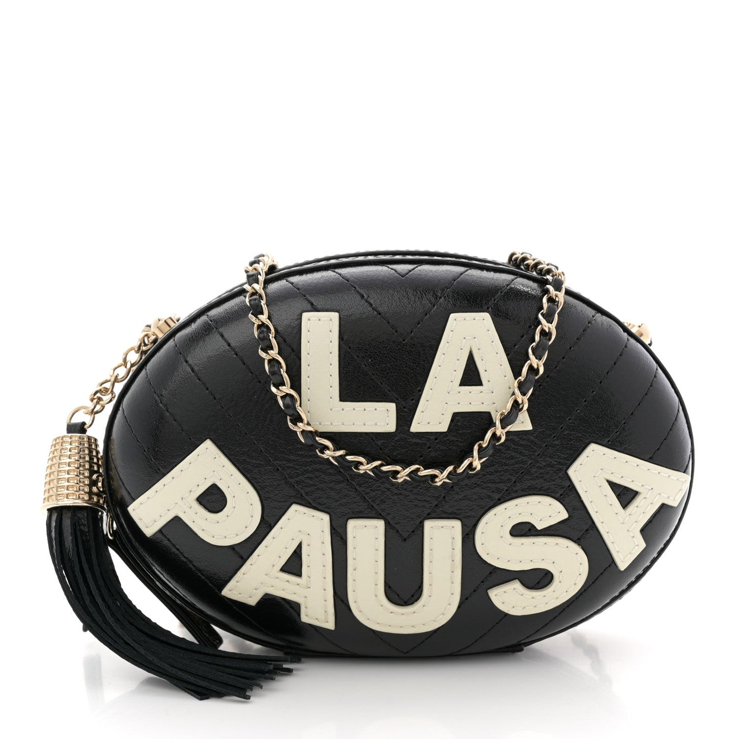 Lambskin Embroidered Chevron Quilted La Pausa Tassel Clutch Black