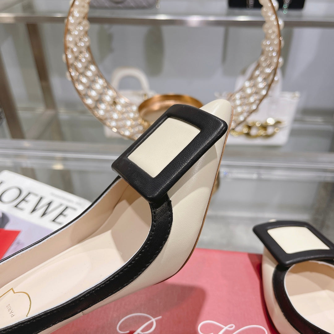 Belle Viv Metal Buckle Pumps 85 White Black Patent Leather