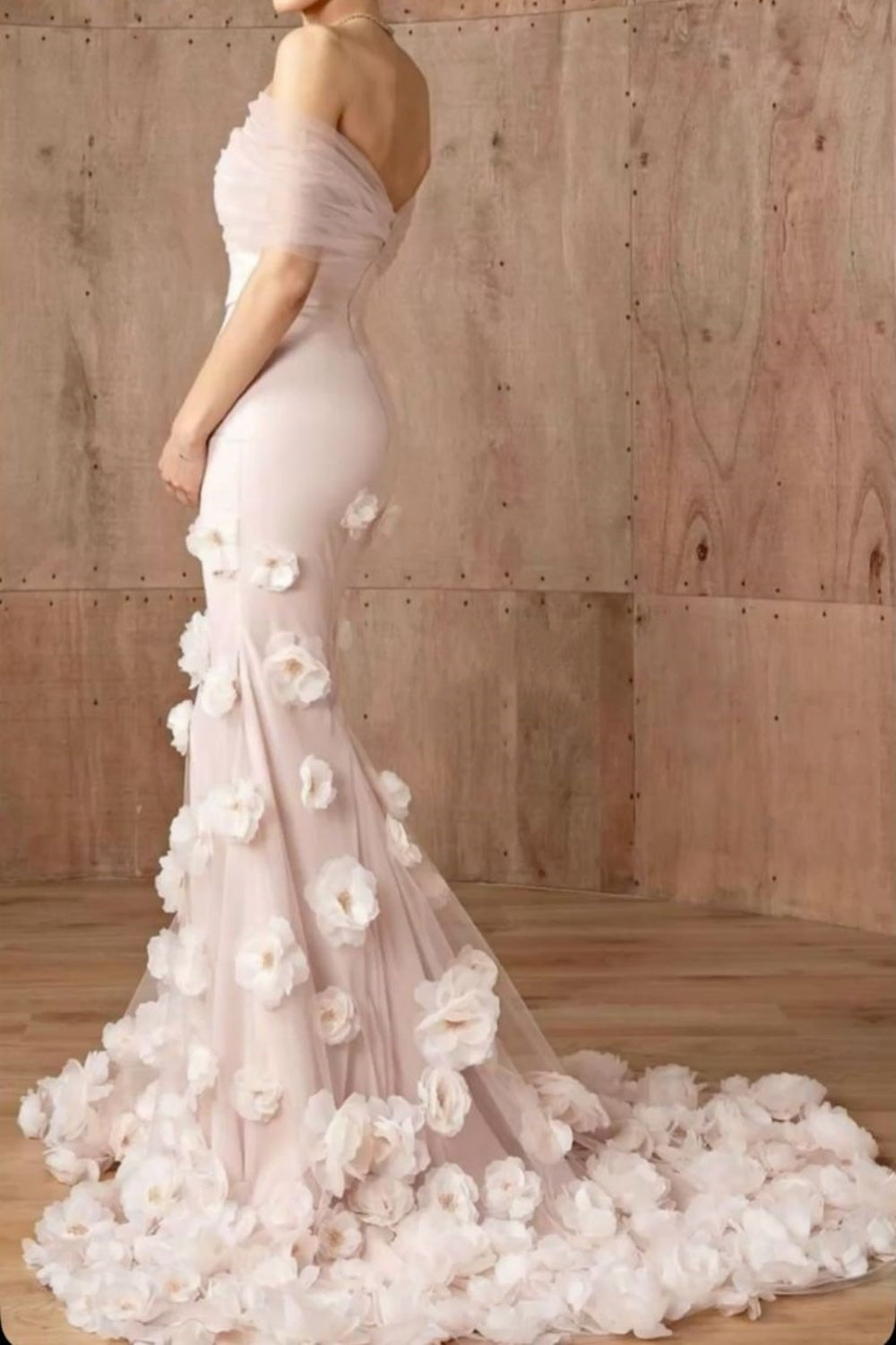 formaldressy-Pink Elegant Floral Long Tulle Mermaid Bodycon Ball Gown Wedding Dress gh5952